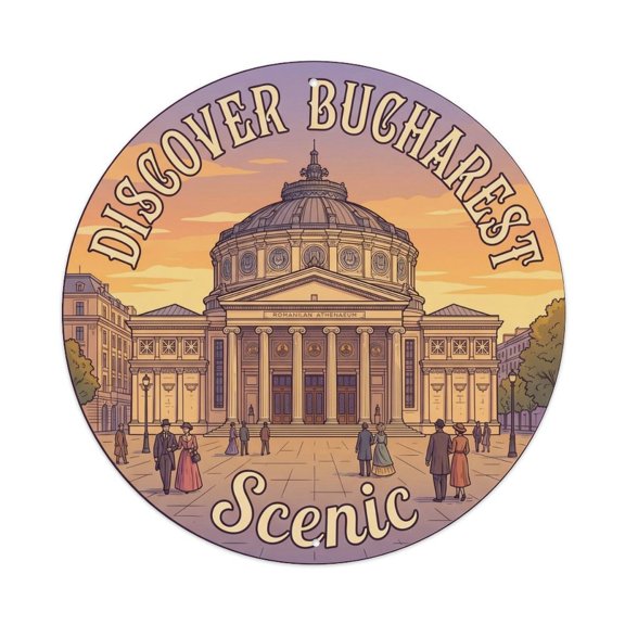 Vintage Travel Bucharest Athenaeum Scenic Vintage Metal Tin Sign Plaque Wall Decor for Cafe, Club, Garden Round Metal Poster 8x8Inch