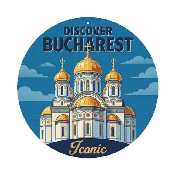 Vintage Travel Bucharest Cathedral Iconic Vintage Metal Tin Sign Plaque Wall Decor for Cafe, Club, Garden Round Metal Poster 8x8Inch
