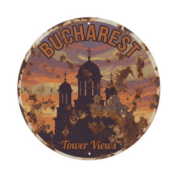 Vintage Travel Bucharest Cathedral Tower Vintage Metal Tin Sign Plaque Wall Decor for Cafe, Club, Garden Round Metal Poster 8x8Inch
