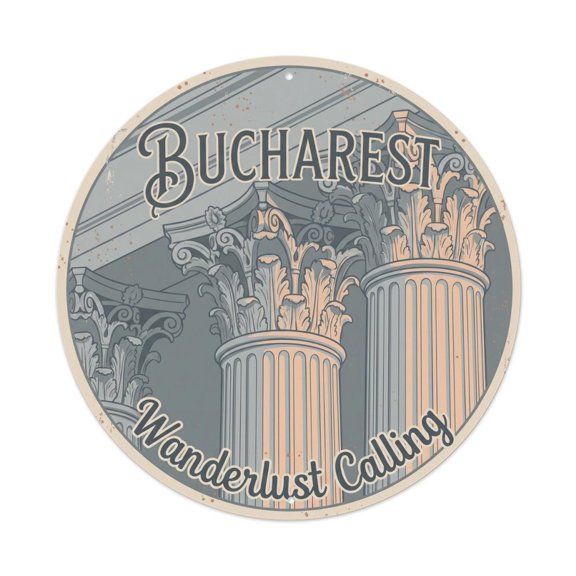 Vintage Travel Bucharest Neoclassical Wanderlust Vintage Metal Tin Sign Plaque Wall Decor for Cafe, Club, Garden Round Metal Poster 8x8Inch
