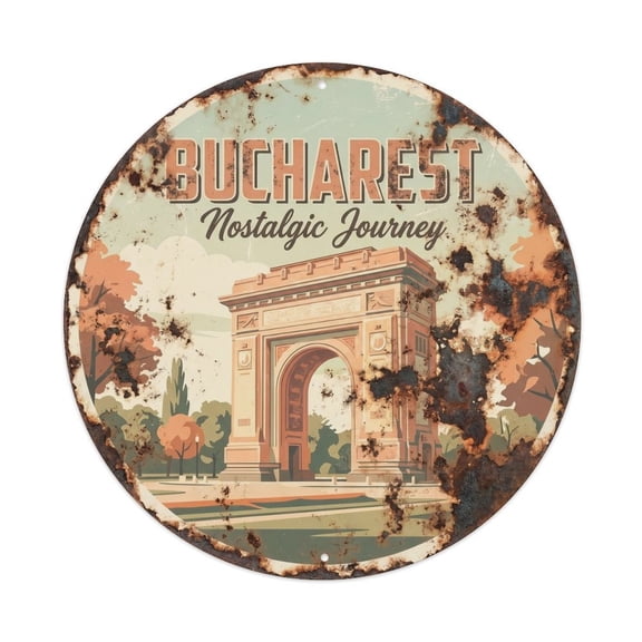 Vintage Travel Bucharest Triumph Nostalgic Vintage Metal Tin Sign Plaque Wall Decor for Cafe, Club, Garden Round Metal Poster 8x8Inch