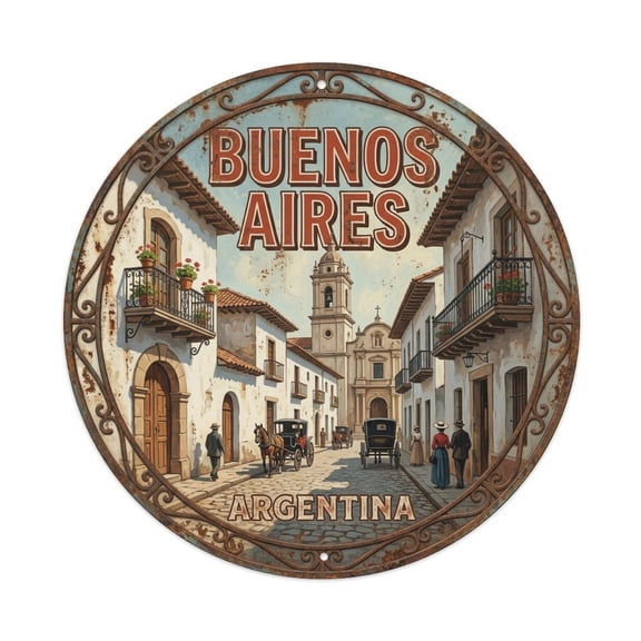 Vintage Travel Buenos Aires Argentina Colonial Vintage Metal Tin Sign Plaque Wall Decor for Cafe, Club, Garden Round Metal Poster 8x8Inch