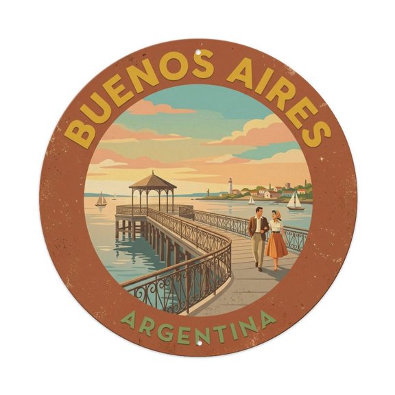 Vintage Travel Buenos Aires Argentina Pier Vintage Metal Tin Sign Plaque Wall Decor for Cafe, Club, Garden Round Metal Poster 8x8Inch