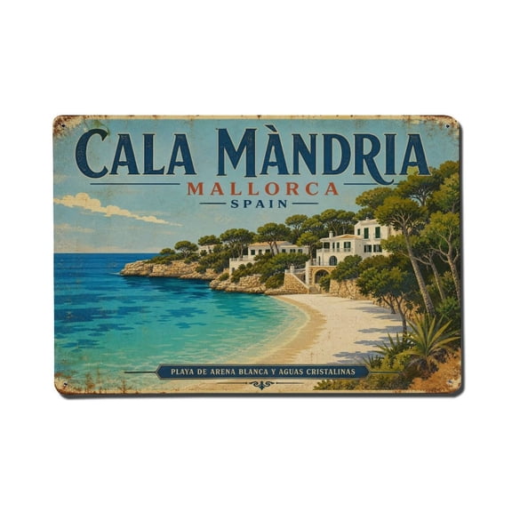 Vintage Travel Cala Mandia Mallorca Beach Resort Pine Trees Vintage Metal Tin Sign Plaque Wall Decor for Cafe, Club, Garden Metal Poster 8x12Inch