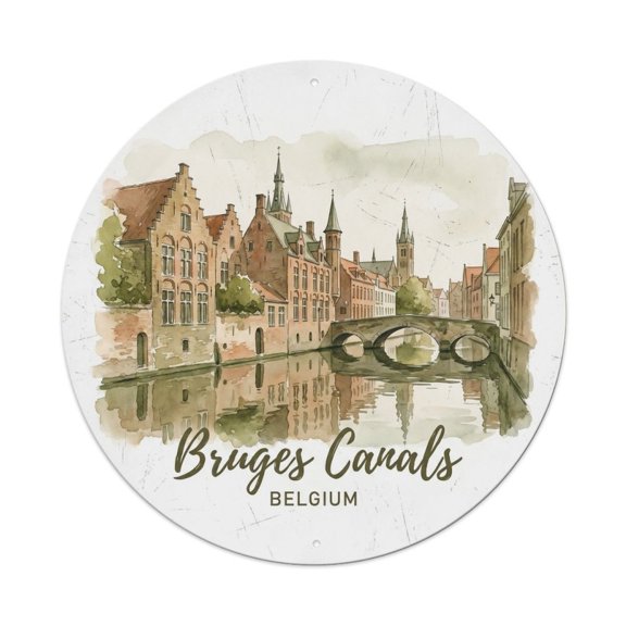 Vintage Travel Canals Belgium Artwork Vintage Metal Tin Sign Plaque Wall Decor for Cafe, Club, Garden Round Metal Poster 8x8Inch