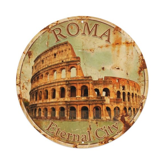 Vintage Travel Colosseum Ancient Rome 2 Vintage Metal Tin Sign Plaque Wall Decor for Cafe, Club, Garden Round Metal Poster 8x8Inch