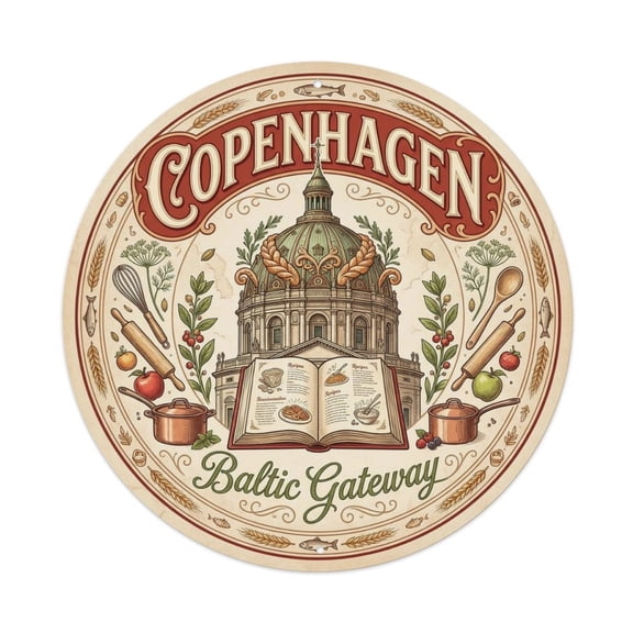 Vintage Travel Copenhagen Denmark Source Vintage Metal Tin Sign Plaque Wall Decor for Cafe, Club, Garden Round Metal Poster 8x8Inch