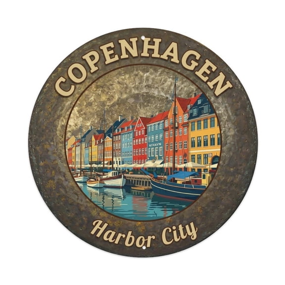 Vintage Travel Copenhagen Denmark Souvenir Vintage Metal Tin Sign Plaque Wall Decor for Cafe, Club, Garden Round Metal Poster 8x8Inch