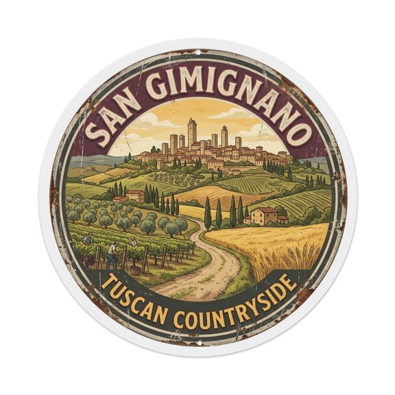 Vintage Travel Gimignano Vineyard Landscape Vintage Metal Tin Sign Plaque Wall Decor for Cafe, Club, Garden Round Metal Poster 8x8Inch