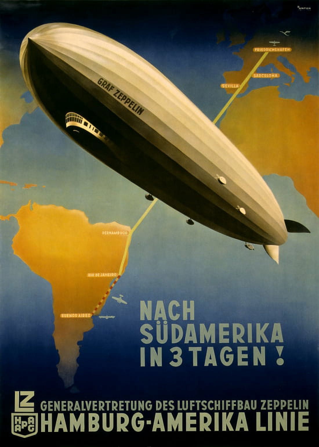 Vintage Travel Graf Zepplin Germany South America Canvas Art - (18 x 24)