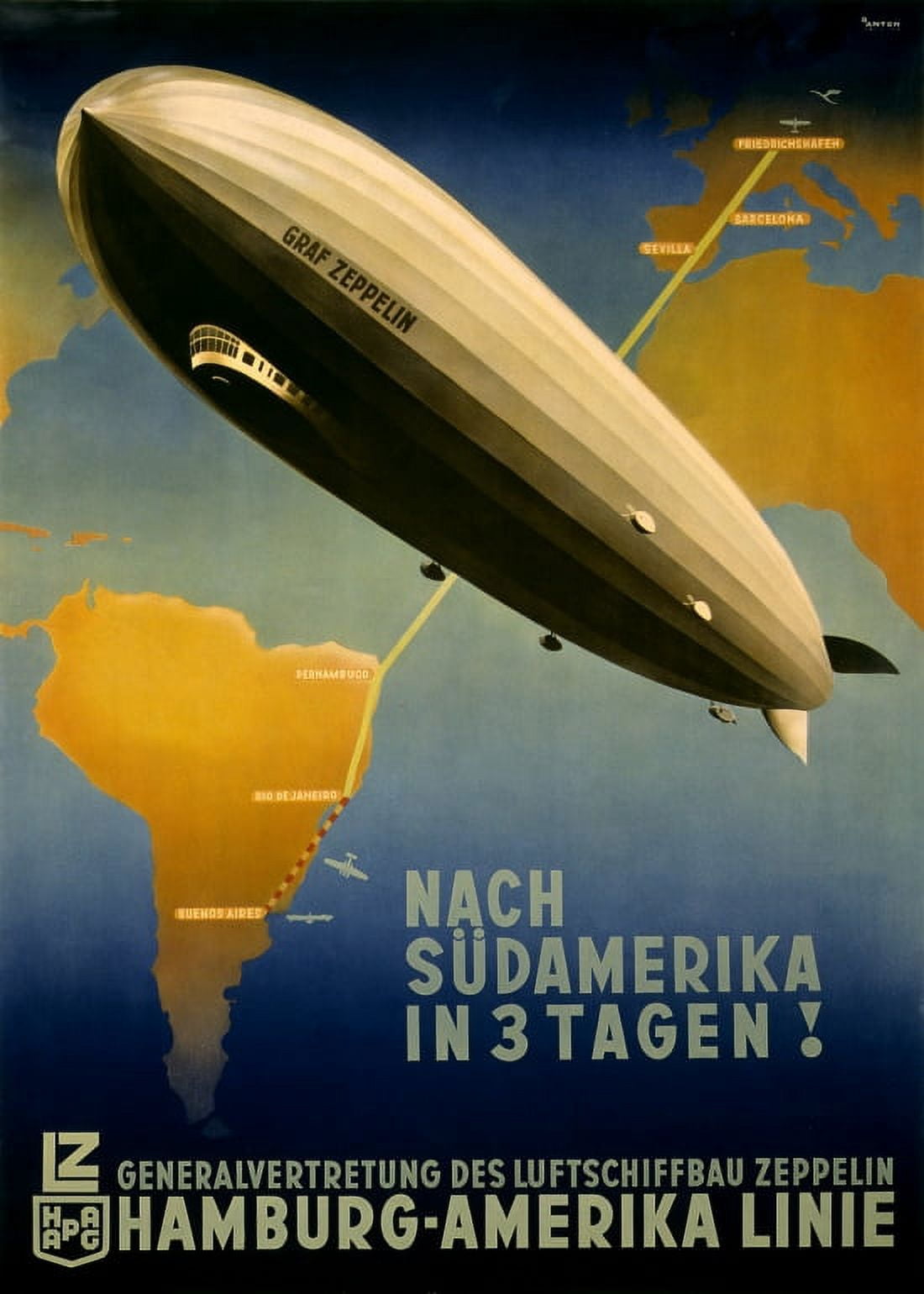 Vintage Travel Graf Zepplin Germany South America Canvas Art - (24 x 36)