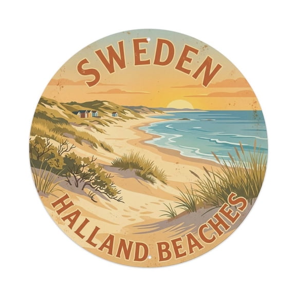 Vintage Travel Halland Sweden Beaches Vintage Metal Tin Sign Plaque Wall Decor for Cafe, Club, Garden Round Metal Poster 8x8Inch