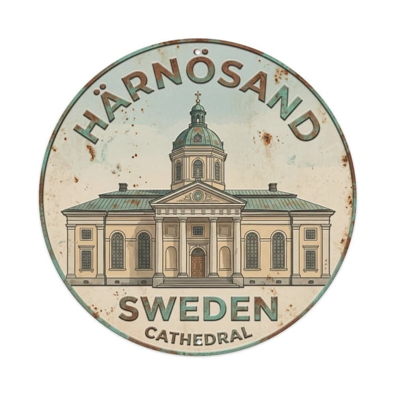 Vintage Travel Harnosand Sweden Cathedral Vintage Metal Tin Sign Plaque Wall Decor for Cafe, Club, Garden Round Metal Poster 8x8Inch