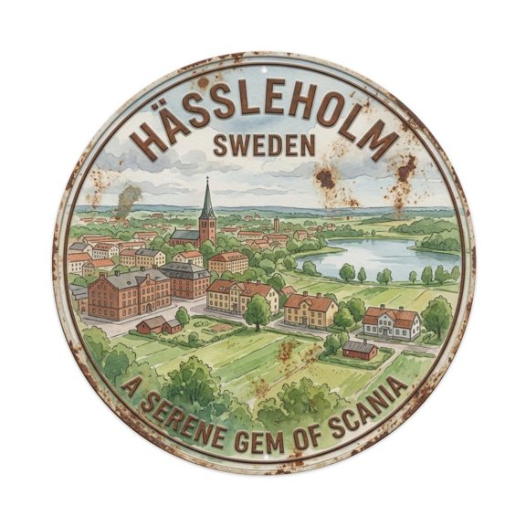 Vintage Travel Hassleholm Sweden Town Vintage Metal Tin Sign Plaque Wall Decor for Cafe, Club, Garden Round Metal Poster 8x8Inch