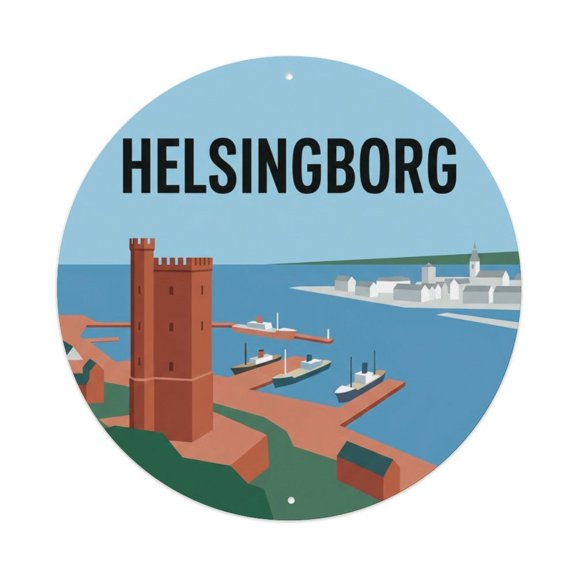 Vintage Travel Helsingborg Sweden Strait Vintage Metal Tin Sign Plaque Wall Decor for Cafe, Club, Garden Round Metal Poster 8x8Inch