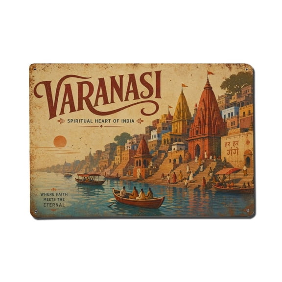 Vintage Travel India Varanasi Vintage Metal Tin Sign Plaque Wall Decor for Cafe, Club, Garden Metal Poster 8x12Inch