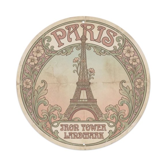 Vintage Travel Iron Tower Paris Landmark Vintage Metal Tin Sign Plaque Wall Decor for Cafe, Club, Garden Round Metal Poster 8x8Inch