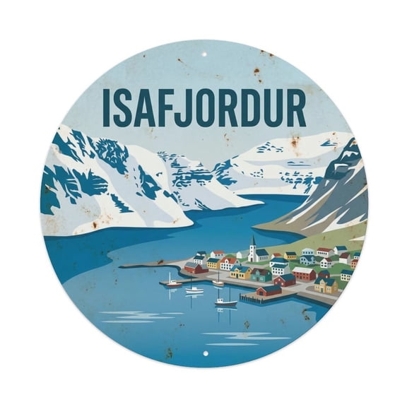 Vintage Travel Isafjordur Iceland Fjord Vintage Metal Tin Sign Plaque Wall Decor for Cafe, Club, Garden Round Metal Poster 8x8Inch