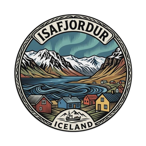 Vintage Travel Isafjordur Iceland Fjord Vintage Metal Tin Sign Plaque Wall Decor for Cafe, Club, Garden Round Metal Poster 8x8Inch