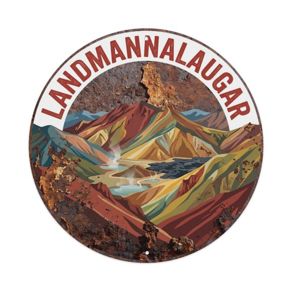 Vintage Travel Landmannalaugar Iceland Highlands Vintage Metal Tin Sign Plaque Wall Decor for Cafe, Club, Garden Round Metal Poster 8x8Inch