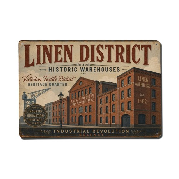 Vintage Travel Linen Quarter Belfast Warehouse District Vintage Metal Tin Sign Plaque Wall Decor for Cafe, Club, Garden Metal Poster 8x12Inch