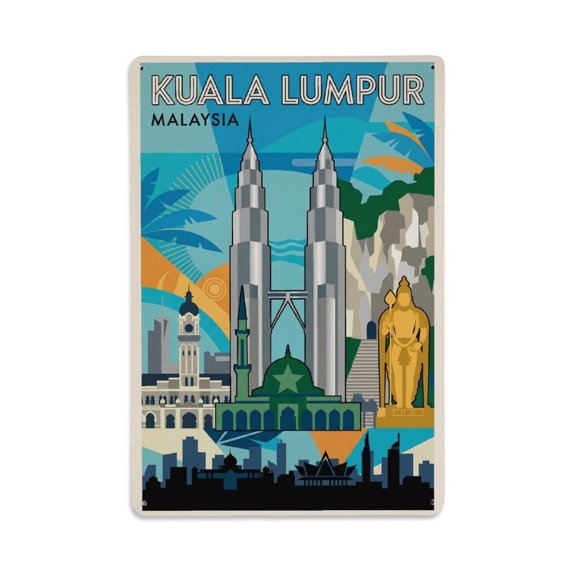 Vintage Travel Malaysia Kuala Lumpur Vintage Metal Tin Sign Plaque Wall Decor for Cafe, Club, Garden Metal Poster 8x12Inch