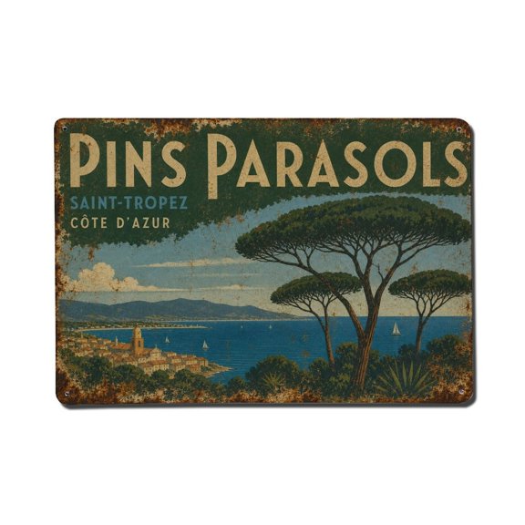 Vintage Travel Mediterranean Pines France Coastal Forest Vintage Metal Tin Sign Plaque Wall Decor for Cafe, Club, Garden Metal Poster 8x12Inch