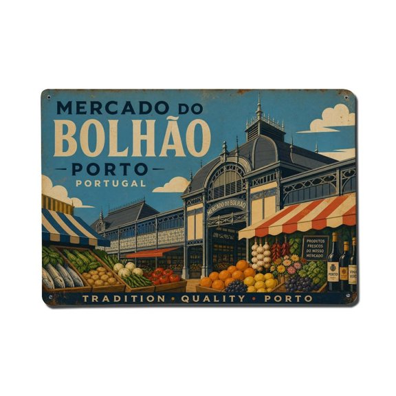 Vintage Travel Mercado Bolhao Market Hall Food Portugal Vintage Metal Tin Sign Plaque Wall Decor for Cafe, Club, Garden Metal Poster 8x12Inch