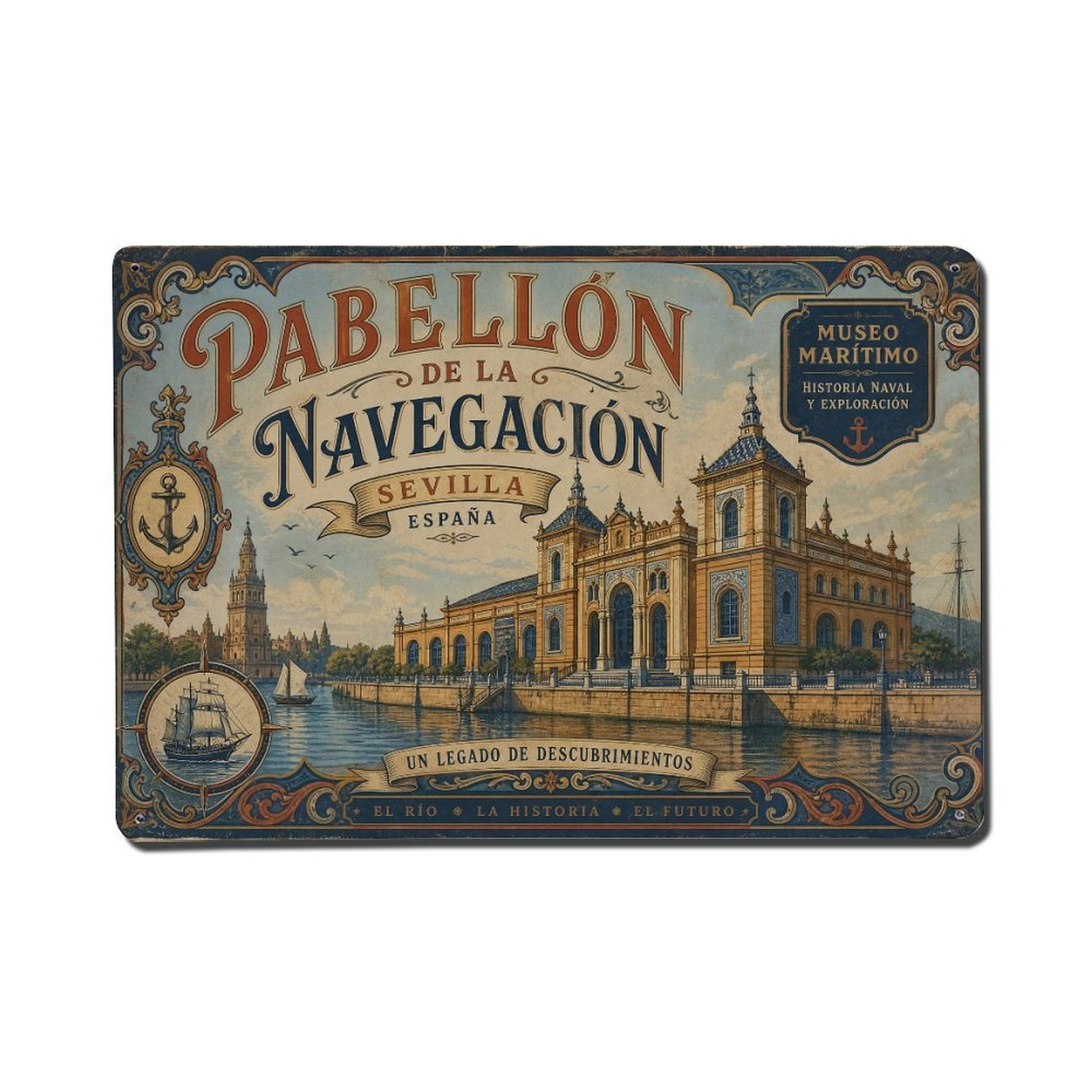 Vintage Travel Pabellon Navegacion Seville Maritime Museum Vintage Metal Tin Sign Plaque Wall Decor for Cafe, Club, Garden Metal Poster 8x12Inch
