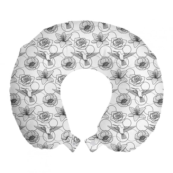 Vintage Travel Pillow Neck Rest, Modern Pattern with Various Flower Petals and Flying Colibri Birds, Memory Foam Traveling Accessory Airplane and Car, 12", Charcoal Grey and White, by Ambesonne