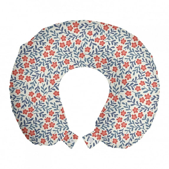 Vintage Travel Pillow Neck Rest, Vintage Retro Flower Design Bohemian Classical Ornamental Daisy Blooms Pattern, Memory Foam Traveling Accessory Airplane and Car, 12", Red Blue White, by Ambesonne