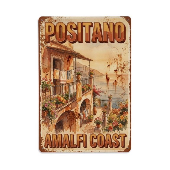 Vintage Travel Positano Italy Amber (1) Vintage Metal Tin Sign Plaque Wall Decor for Cafe, Club, Garden Metal Poster 8x12Inch