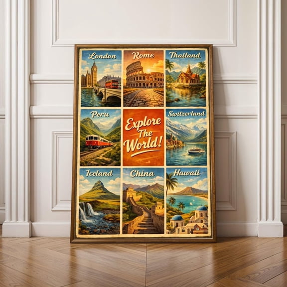 Vintage Travel Poster Collage Retro World Destinations Wall Art 9 Locations