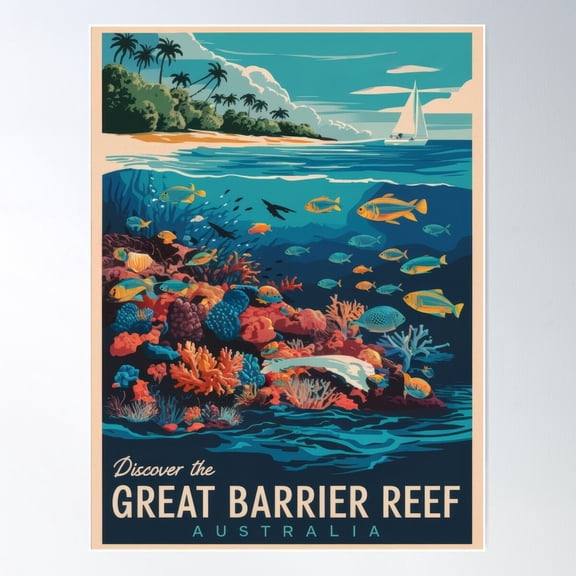 Vintage Travel Poster - Discover The Great Barrier Reef, Retro Travel Destination Australia Poster Wall Art, Modern Wall Decor For Living Room Bedroom, 16x24 UNFRAMED