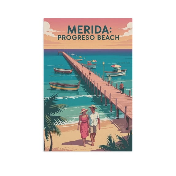 Vintage Travel Poster Wall Art Progreso Beach Merida Mexico Retro Coastal Decor Mid Century Style Ocean Pier Wall Print Canvas Poster