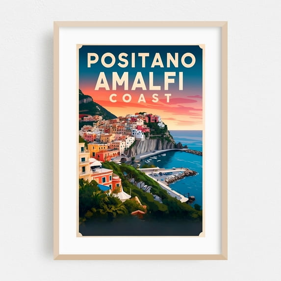 Vintage Travel Poster of Positano: Italian Charm - Positano Campania Italy Illustration Oak Framed Wall Art Print 16 x 24 inches