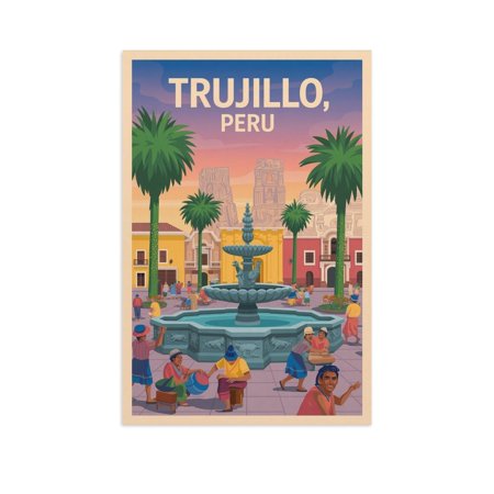 Vintage Travel Poster of Trujillo Peru with Fountain Plaza And Artistic Design Print Poster