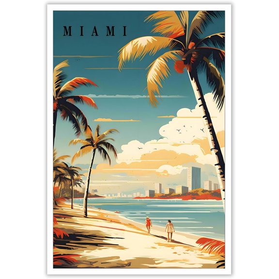 Vintage Travel Posters Canvas Wall Art, Modern Miami City Landmark & Around The World Tourist Attraction Prints, Beach Painting Decor For Office, Living Room, Bedroom 12x16in Unframed