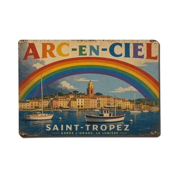 Vintage Travel Rainbow After Rain France Colorful Arc Sky Vintage Metal Tin Sign Plaque Wall Decor for Cafe, Club, Garden Metal Poster 8x12Inch