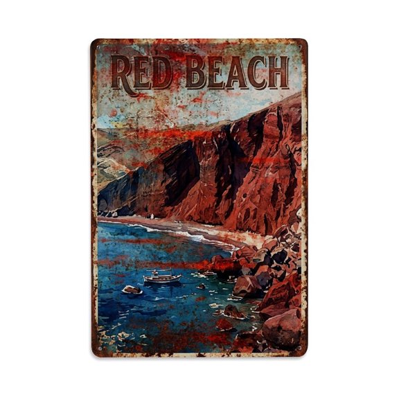 Vintage Travel Red Beach Greece Volcanic Vintage Metal Tin Sign Plaque Wall Decor for Cafe, Club, Garden Metal Poster 8x12Inch