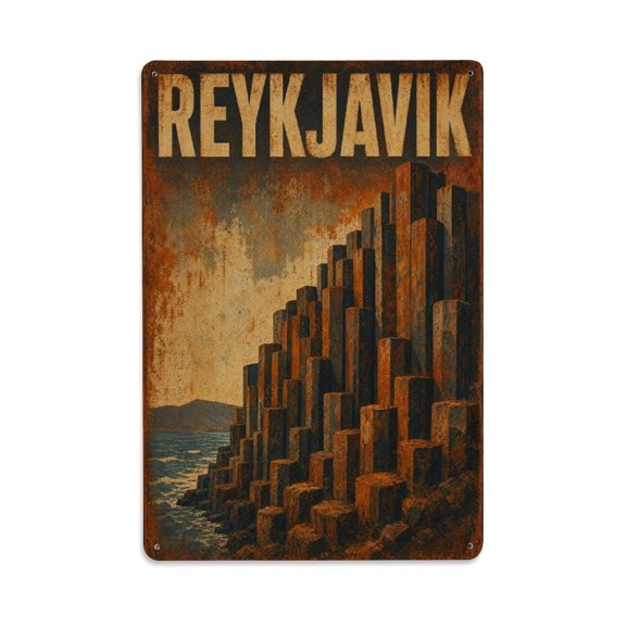 Vintage Travel Reykjavik Basalt Columns Iceland Vintage Metal Tin Sign Plaque Wall Decor for Cafe, Club, Garden Metal Poster 8x12Inch