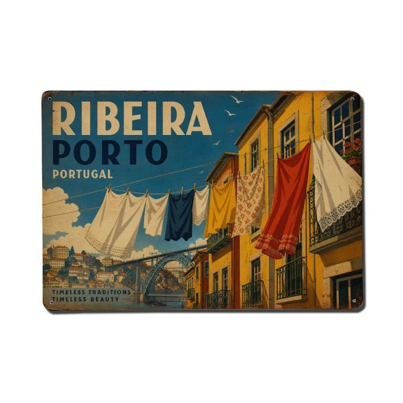 Vintage Travel Ribeira Laundry Hanging Traditional Portugal Vintage Metal Tin Sign Plaque Wall Decor for Cafe, Club, Garden Metal Poster 8x12Inch