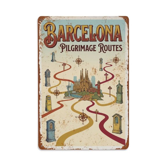 Vintage Travel Routes Spain Pilgrimage Vintage Metal Tin Sign Plaque Wall Decor for Cafe, Club, Garden Metal Poster 8x12Inch