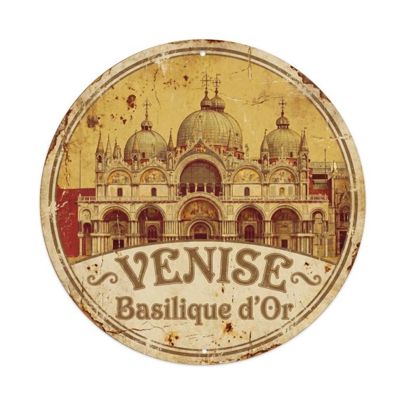 Vintage Travel San Marco Cathedral Venice Vintage Metal Tin Sign Plaque Wall Decor for Cafe, Club, Garden Round Metal Poster 8x8Inch