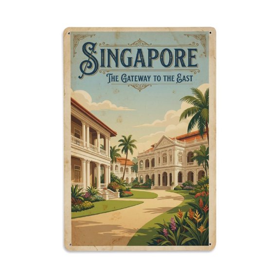 Vintage Travel Singapore Colonial Vintage Metal Tin Sign Plaque Wall Decor for Cafe, Club, Garden Metal Poster 8x12Inch