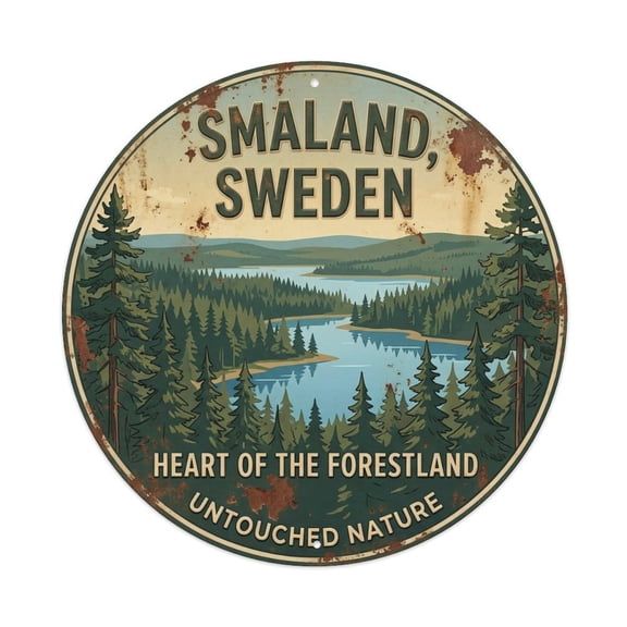 Vintage Travel Smaland Sweden Woodland Vintage Metal Tin Sign Plaque Wall Decor for Cafe, Club, Garden Round Metal Poster 8x8Inch