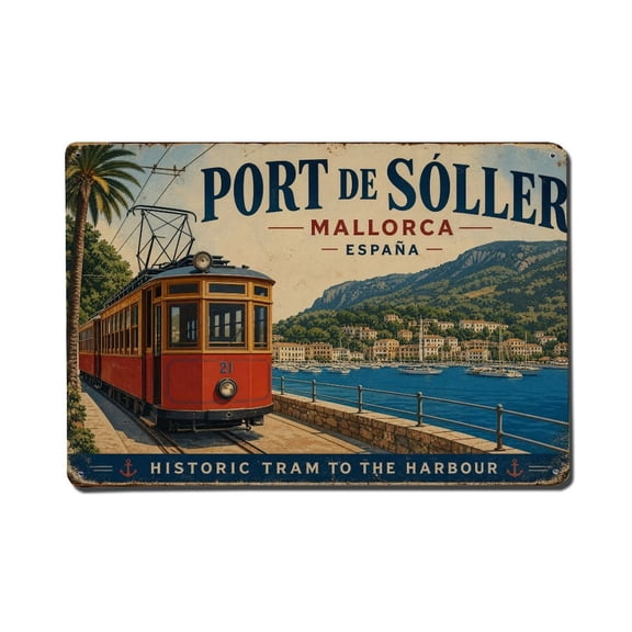 Vintage Travel Soller Port Tram Mallorca Vintage Streetcar Vintage Metal Tin Sign Plaque Wall Decor for Cafe, Club, Garden Metal Poster 8x12Inch