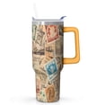 thumbnail image 1 of Vintage Travel Stamp Tumbler 40 oz with Handle and Straw, Retro Postage Pattern Stainless Steel Mug for Men, Coffee Lovers Gift, 1 of 5