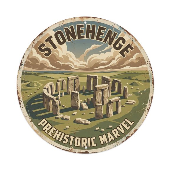Vintage Travel Stonehenge Britain Prehistoric Vintage Metal Tin Sign Plaque Wall Decor for Cafe, Club, Garden Round Metal Poster 8x8Inch