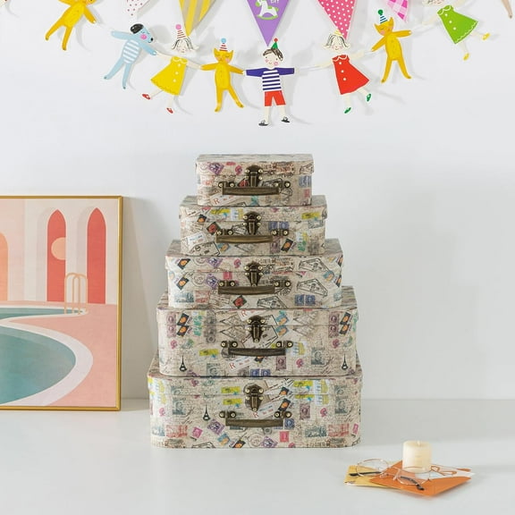 Decorative Suitcase Storage Boxes with Handle, Set of 5 Cardboard Vintage Suitcases and Travel Dcor